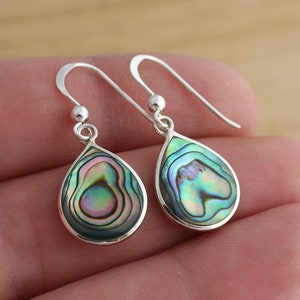 May include: A pair of silver teardrop earrings with iridescent abalone shell inlays. The earrings have a simple hook closure.
