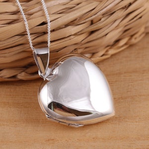 Grand pendentif médaillon photo uni en forme de coeur en argent sterling 925 massif chaîne gourmette de 16 à 30 pouces dans une boîte cadeau