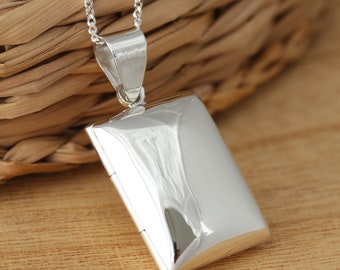 Solid 925 Sterling Silver Rectangular Photo Locket Plain Pendant Necklace Curb Chain Gift Boxed