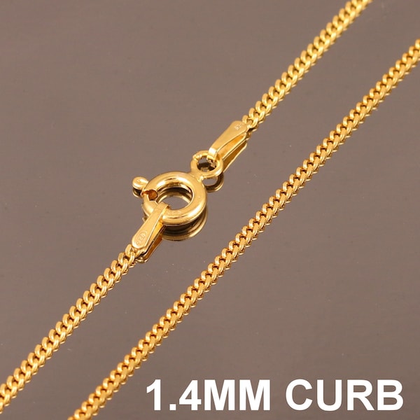 Yellow Gold Plated on Solid 925 Sterling Silver 1.4mm CURB Chain Necklace 16 18 20 22 24 26 28 30 Inches