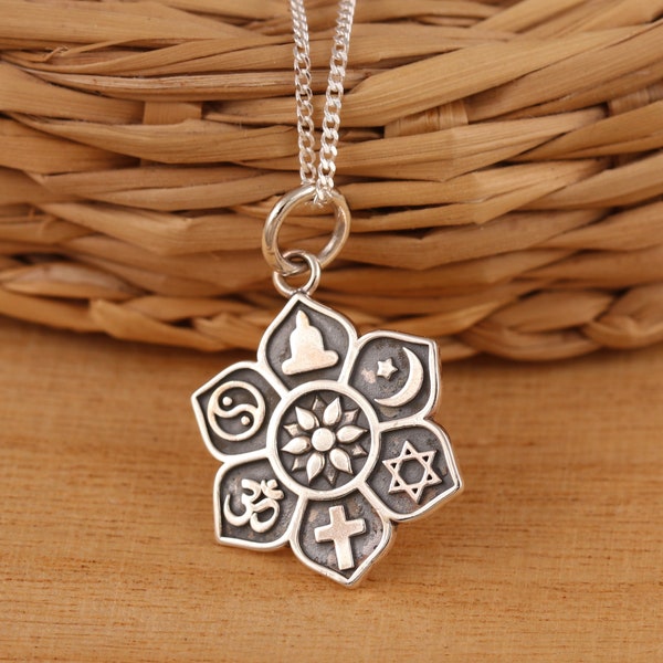 Solid 925 Sterling Silver Coexist Symbol Lotus Pendant Necklace Chain Gift Boxed