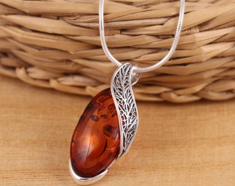 Pendentif Goutte En Ambre Cognac - Monture Argent Vintage - Bijou Occasion Unique