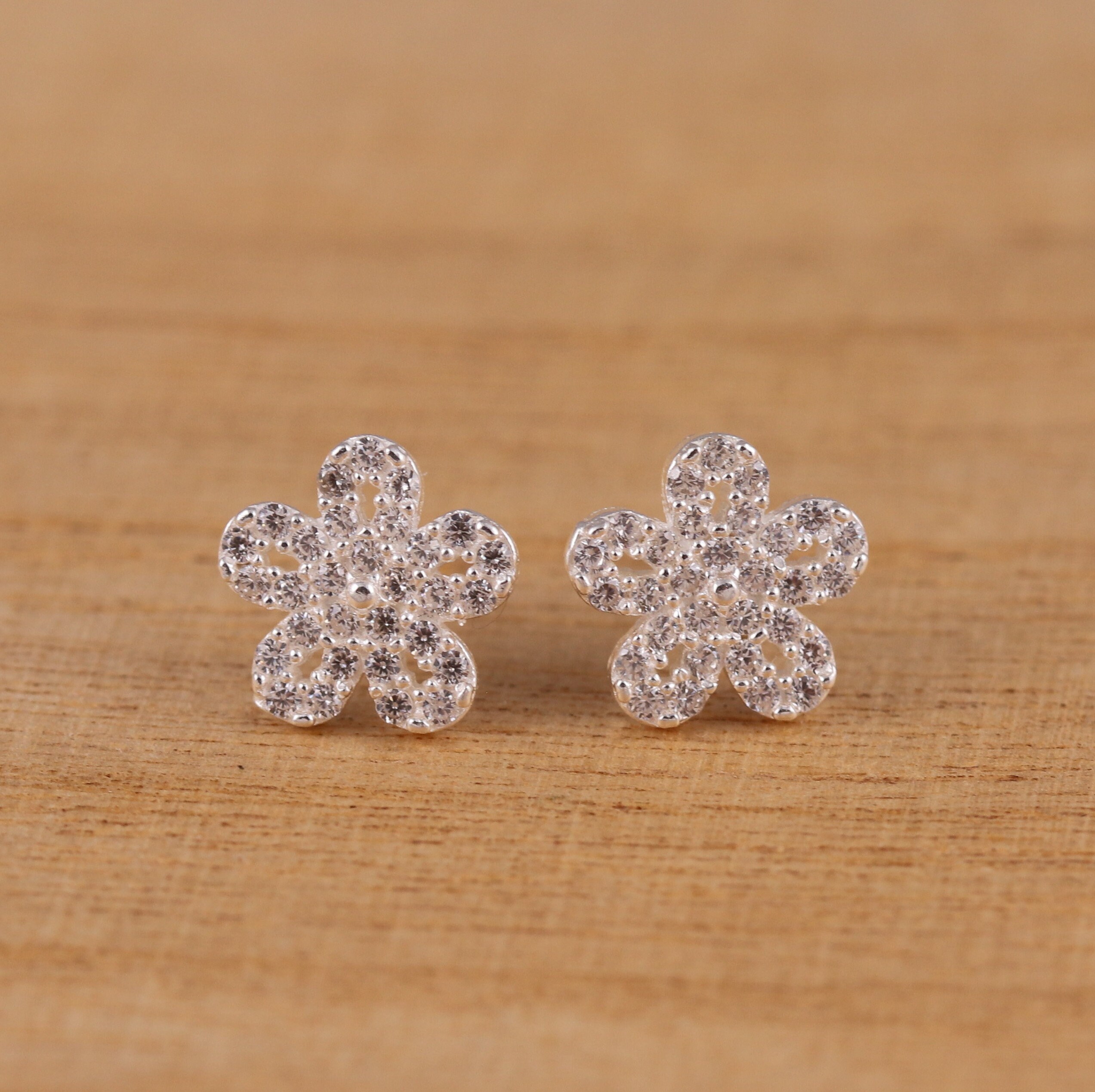 Solid 925 Sterling Silver Cubic Zirconia Flower Stud
