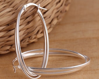 Solid 925 Sterling Silver Plain Large  Oval Double Hoop U- Shaped Earrings Gift Boxed