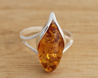 Cognac Baltic Amber 925 Sterling Silver Ring Genuine Amber Ring J-R Sizes Gift Boxed