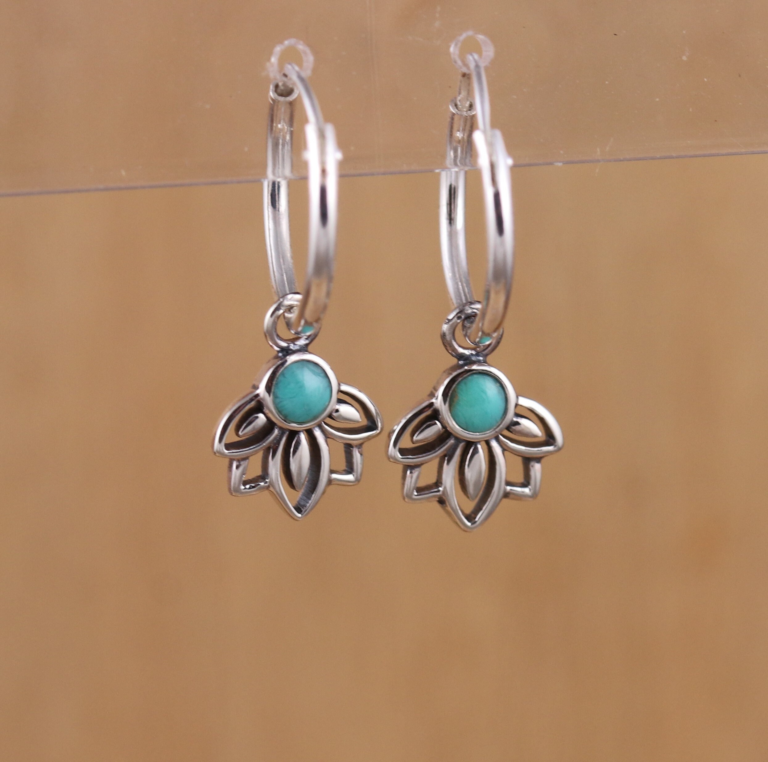 OHAYOO Orecchini A Cerchio In Argento 925 Con Turchese E Fiore Di Loto – Ipoallergenici – 18x10,5 Mm – Confezione Regalo Con Panno - 2