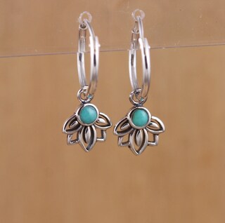 Orecchini A Cerchio OHAYOO In Argento 925 Con Turchese E Fiore Di Loto, 18x10.5mm, Per Yoga E Donna, Regalo