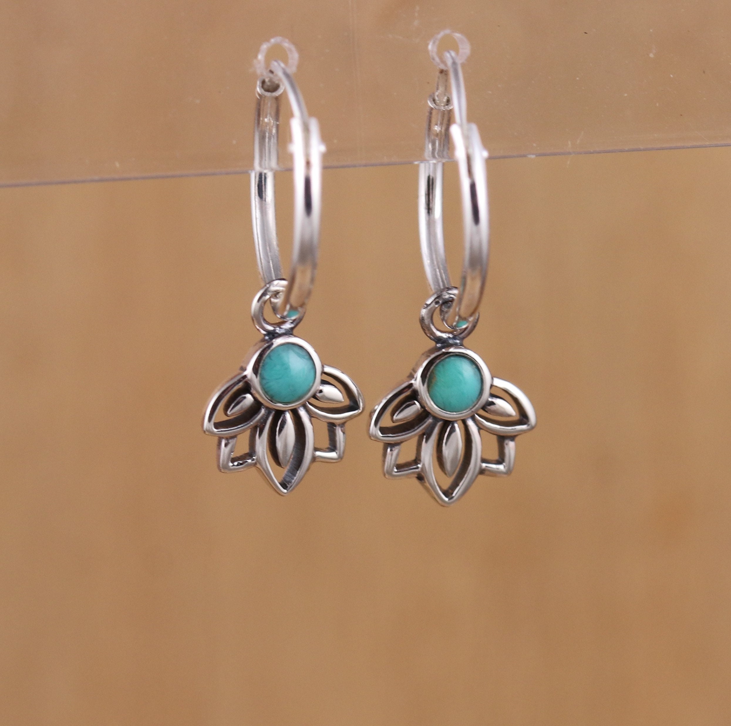 Orecchini A Cerchio OHAYOO In Argento 925 Con Turchese E Fiore Di Loto, 18x10.5mm, Per Yoga E Donna, Regalo