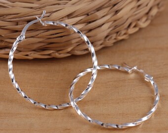 thumbnail image 2 of Sterling Silver Fancy Twist Hoop Creole Earrings – 25mm Diameter – 925 Hallmarked Silver 2 of 4