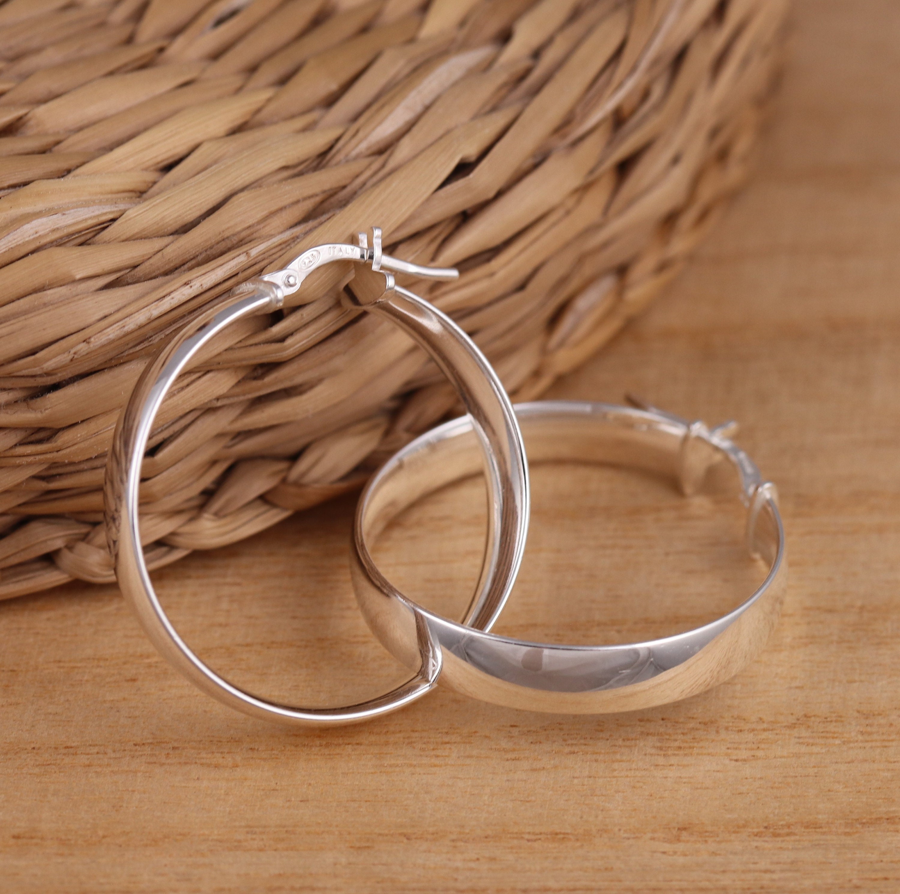 Solid 925 Sterling Silver Plain 5mm Wide Hoop Earrings 28mm