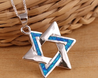 Solid 925 Sterling Silver Blue Opal Star of David Pendant Necklace Curb Chain 16-30 Inches Boxed