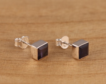 Orecchini a bottone quadrato in argento sterling massiccio 925 con iolite naturale, 6 x 6 mm, in confezione regalo