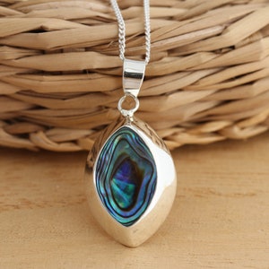 Solid 925 Sterling Silver Abalone Shell Large Pendant Curb Chain Necklace Gift Boxed