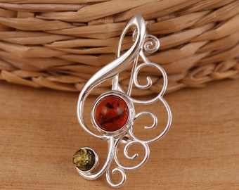 Baltic Amber 925 Sterling Silver Treble Clef Music Note Brooch Pin Jewellery Gift Boxed