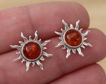 Orecchini a bottone in argento sterling e ambra: ambra baltica color cognac, 5 mm - Italia