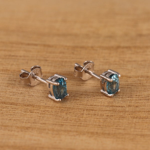 Natural London Blue Topaz 925 Sterling Silver Oval Stud Earrings Gift Boxed