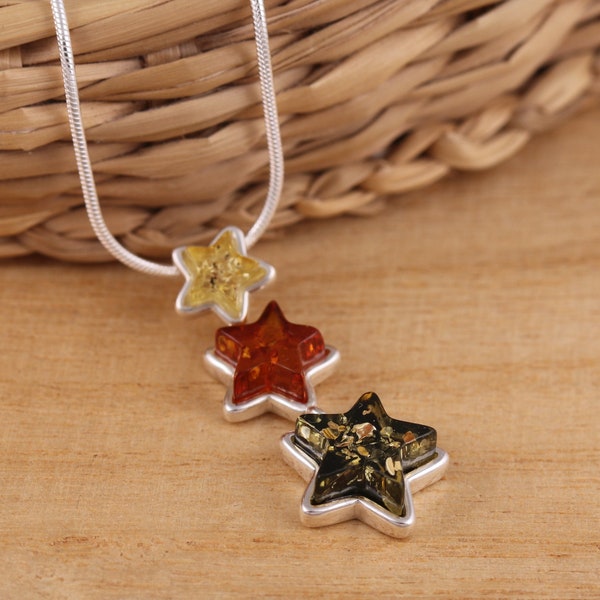 Multicolour Baltic Amber 925 Sterling Silver Triple Star Pendant Snake Chain 16-26 Inches Gift Boxed