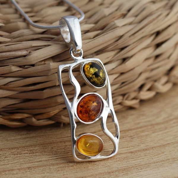 Multicolour Baltic Amber 925 Sterling Silver Stylish Pendant Jewellery Snake Chain 16-26 Inches Gift Boxed