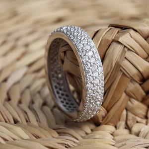 Solid 925 Sterling Silver 3 Row Cubic Zirconia Band Ring Full Eternity Various Sizes Gift Boxed