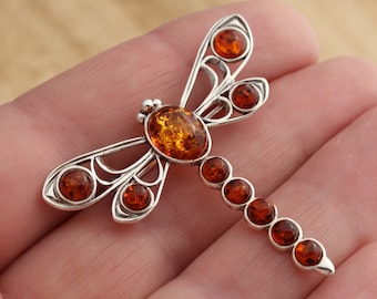 Natural Baltic Amber 925 Sterling Silver Dragonfly Brooch Pin Jewellery Gift Boxed