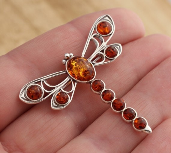Natural Baltic Amber 925 Sterling Silver Dragonfly Brooch Pin Jewellery Gift Boxed