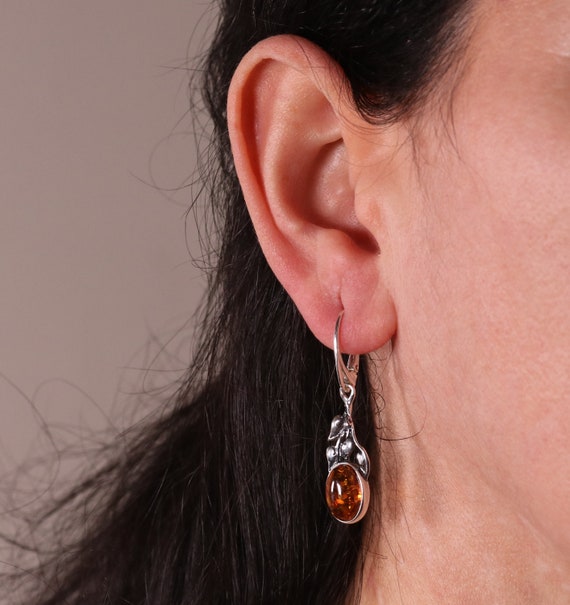 thumbnail image 2 of Genuine Baltic Amber Cognac 925 Sterling Silver Dangle Drop Earrings, Natural Amber, Butterfly Closure, Gift Boxed, Made In Poland 2 of 5