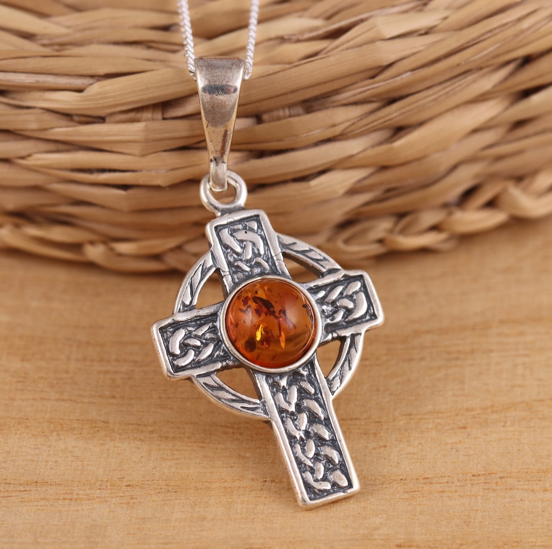 Cognac Baltic Amber 925 Sterling Silver Celtic Cross Pendant 1.2mm Curb ...