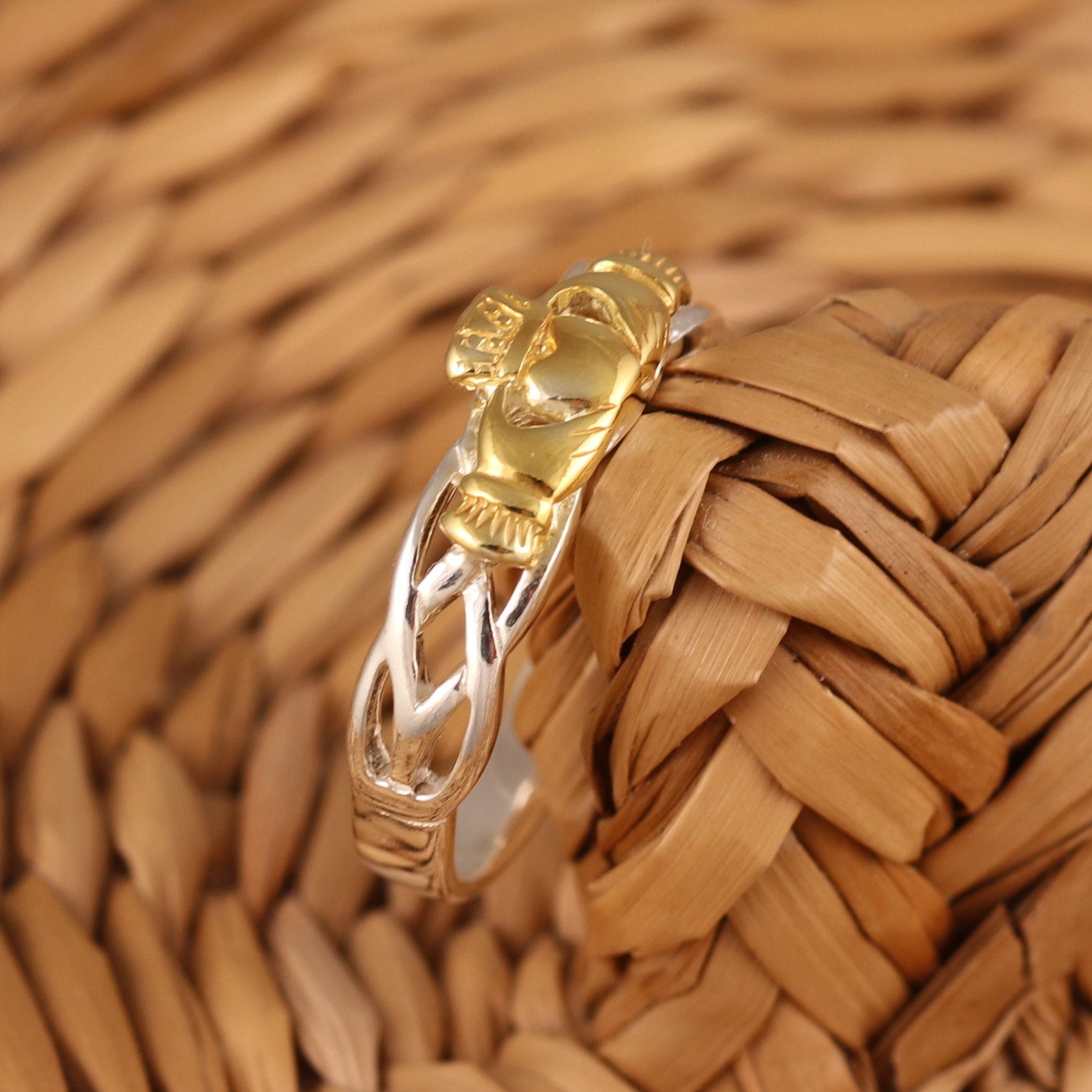 Gold Vermeil Celtic Claddagh Ring, Sterling Silver Band