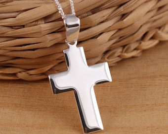 Solid 925 Sterling Silver Plain Cross Crucifix Pendant Necklace Curb Chain Gift Boxed