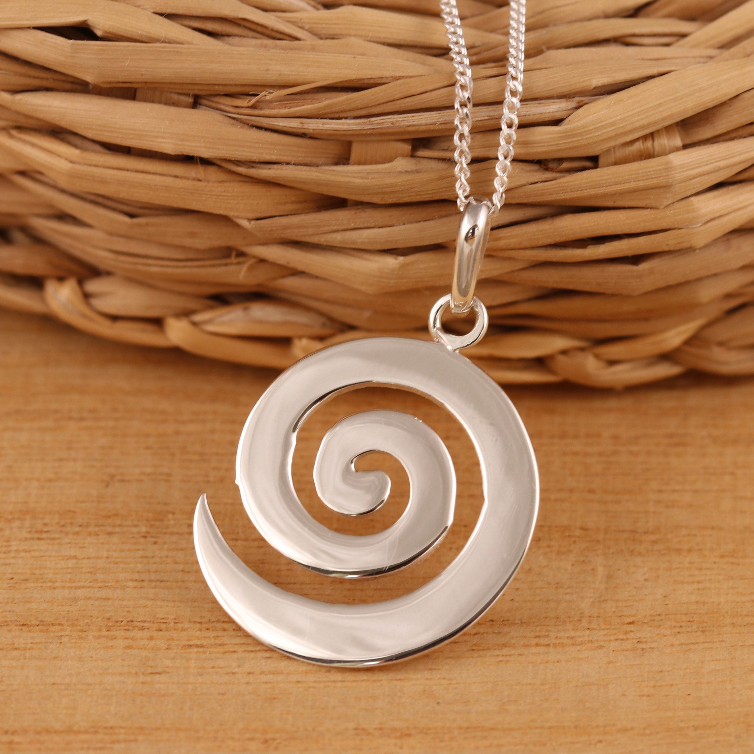 925 Sterling Silver Spiral of Life Plain Pendant Necklace Curb