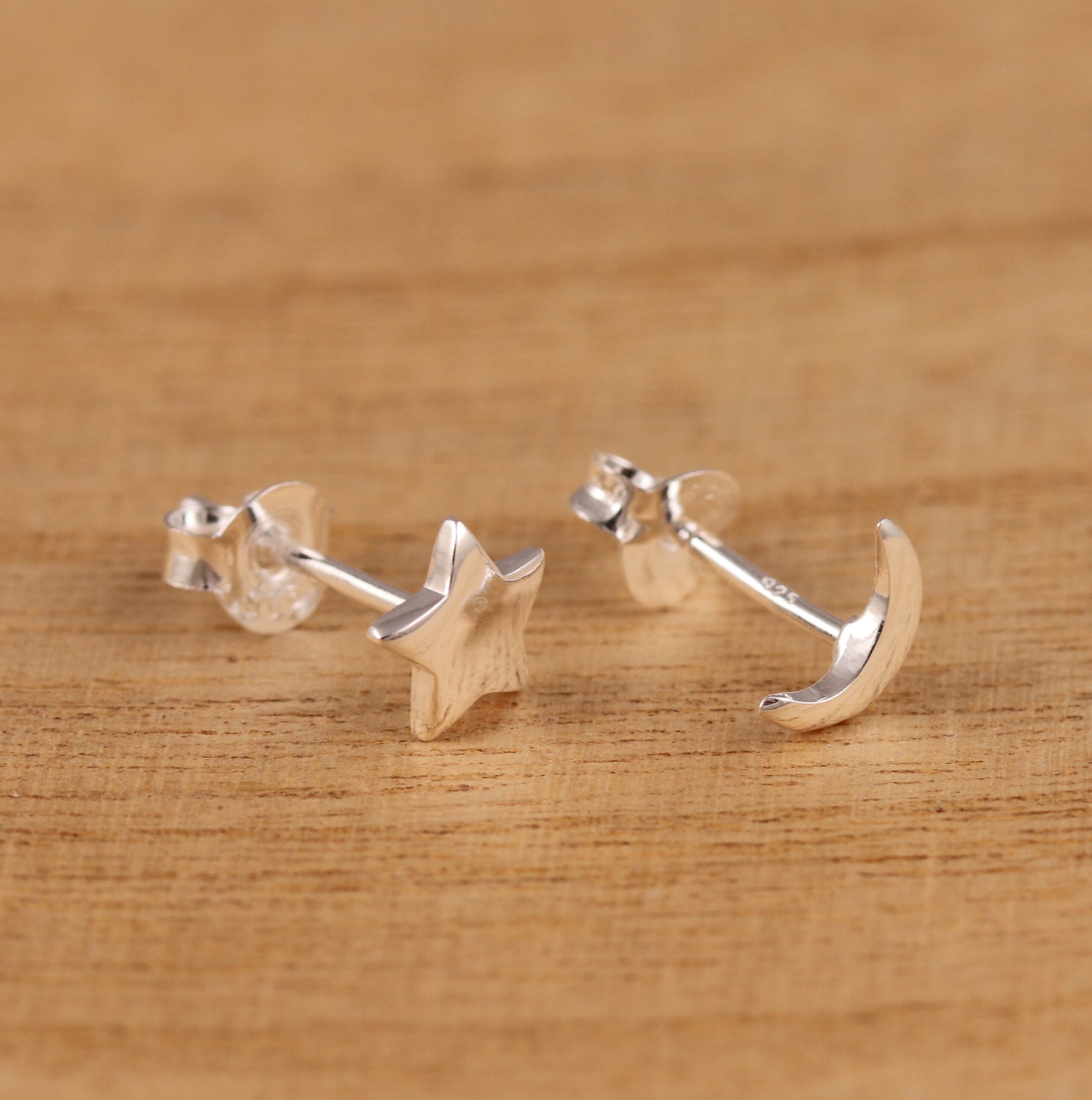 Solid 925 Sterling Silver Star & Crescent Moon Stud Earrings