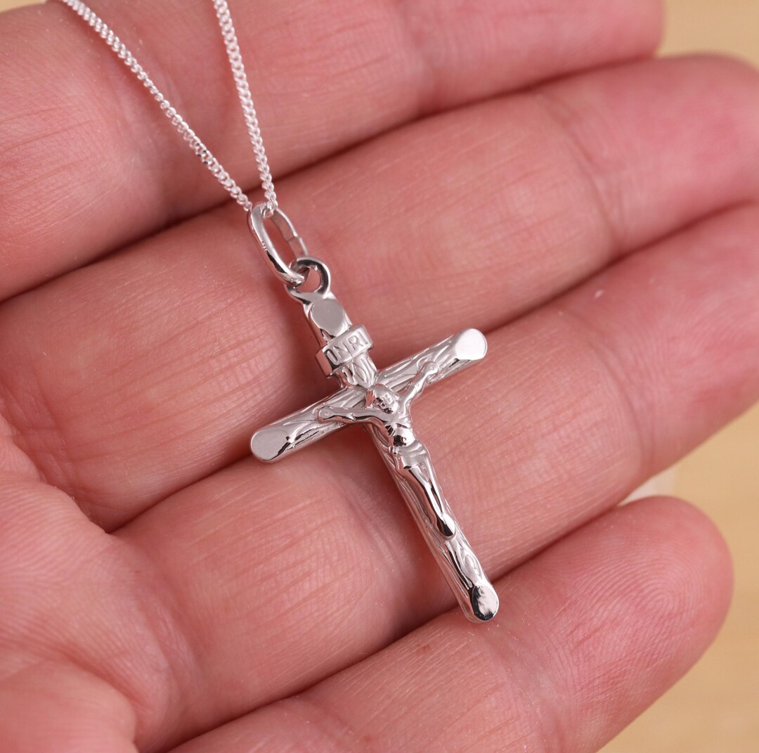 Solid 925 Sterling Silver Plain Cross Crucifix Pendant Curb Chain ...