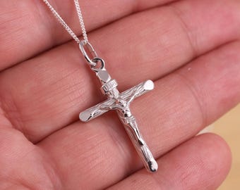 Jesus Cross Necklace, Sterling Silver Necklace, Crucifix Cross