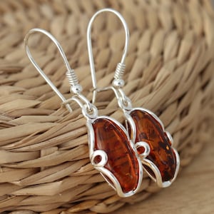Cognac Baltic Amber 925 Sterling Silver Dangle Drop Earrings Jewellery Gift Boxed