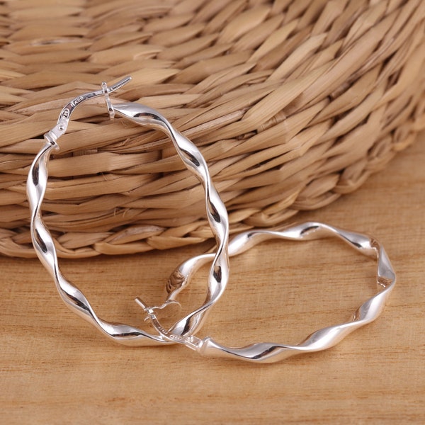 Solid 925 Sterling Silver Twisted Oval Hoop Large Plain Earrings Gift Boxed