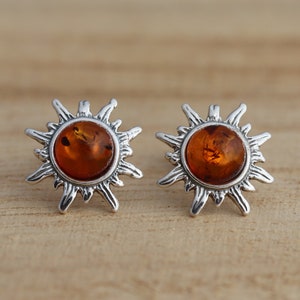 Cognac Baltic Amber 925 Sterling Silver Sun Stud Earrings Gift Boxed