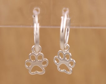 925 Sterling Silver Pet Paw Puppy Footprint Hoops Sleeper 12mm Diameter Charm Earrings Boxed