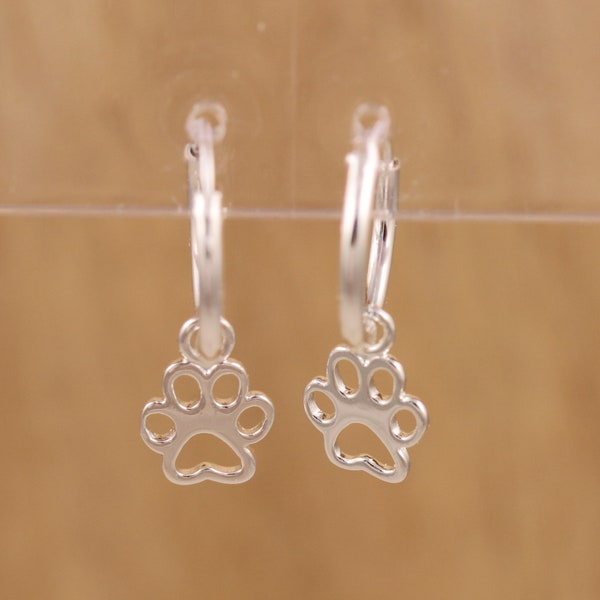 Solid 925 Sterling Silver Pet Paw Puppy Footprint Hoops Sleeper 12mm Diameter Charm Earrings Gift Boxed