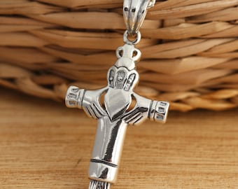 925 Sterling Silver Celtic Cross Pendant with Claddagh Design Necklace Chain Celtic Jewellery