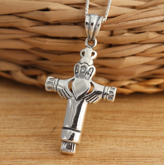 Oxidized Sterling Silver Claddagh Cross Pendant - 925 Silver Irish Jewelry With Gift Box