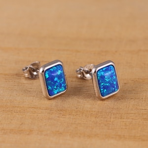 以下が含まれることがあります： 青いオパールの長方形の石が付いたシルバーのスタッドピアスのペア