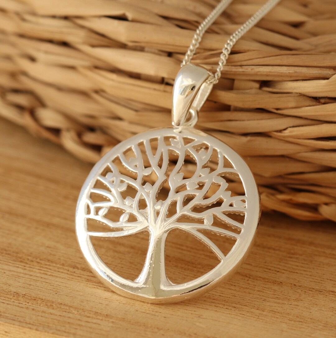 Solid 925 Sterling Silver Tree of Life Pendant Necklace Curb Chain Gift ...