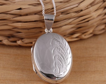 Collana con medaglione fotografico ovale inciso in argento sterling 925, varie lunghezze, in confezione regalo