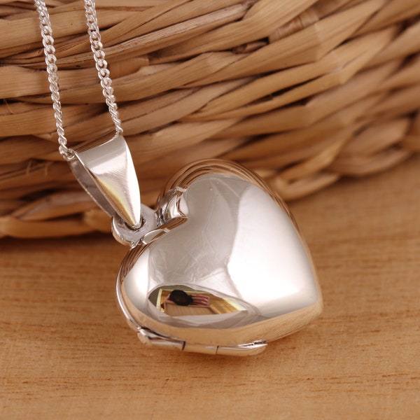Solid 925 Sterling Silver Plain Puff Heart Locket Pendant Necklace Curb Chain Gift Boxed