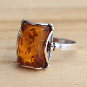 Rectangular Cognac Baltic Amber 925 Sterling Silver Ring Amber Jewellery Various Sizes Gift Boxed