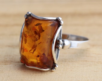 Rectangular Cognac Baltic Amber 925 Sterling Silver Ring Amber Jewellery Various Sizes Gift Boxed