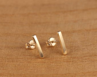 Genuine 9ct Yellow Gold Bar Stud Earrings 10 x 2mm a Pair Gift Boxed