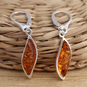 Natural Baltic Amber 925 Sterling Silver Dangle Drop Earrings Jewellery Gift Boxed