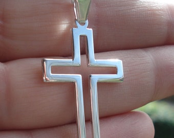 Solid 925 Sterling Silver Plain Open Cross Crucifix Pendant 35mm x 23mm Necklace Chain Gift Boxed