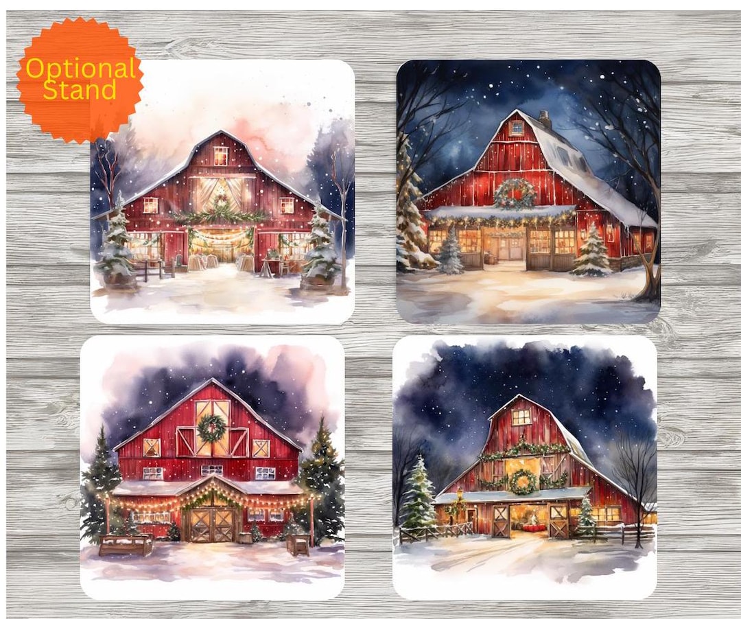 Christmas Barn Coaster Set, Watercolor Barn Coasters, Christmas MDF ...